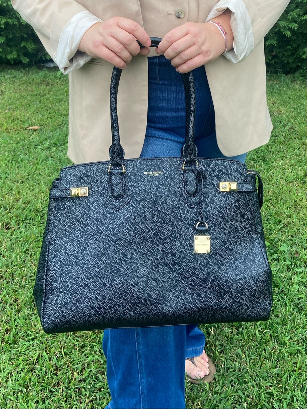 Henri Bendel Carlyle Tote Black Leather Gold Hardware Satchel Tote Bag